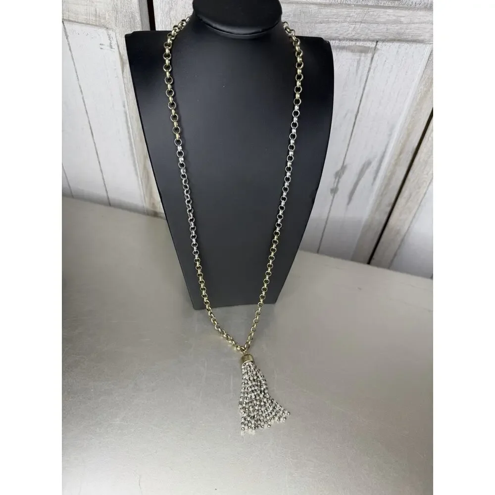 Marlyn Schiff Bead Tassel Gold & Silver Chain Necklace Metallic Long
